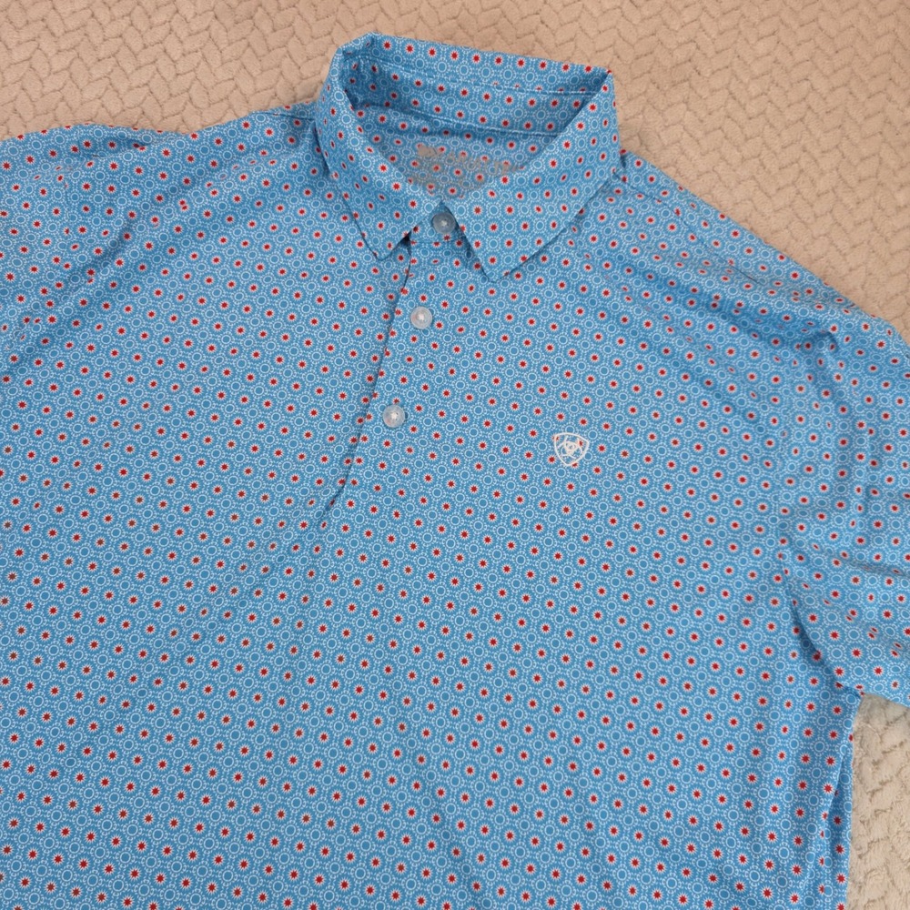 Ariat Tek Mens Medium Blue Red Sunburst Geometric Performance Polo Shirt